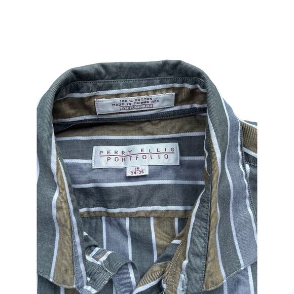 Perry Ellis Portfolio Striped Mens Button Down Long-Sleeve Shirt 16 Earthtoned - Picture 5 of 6